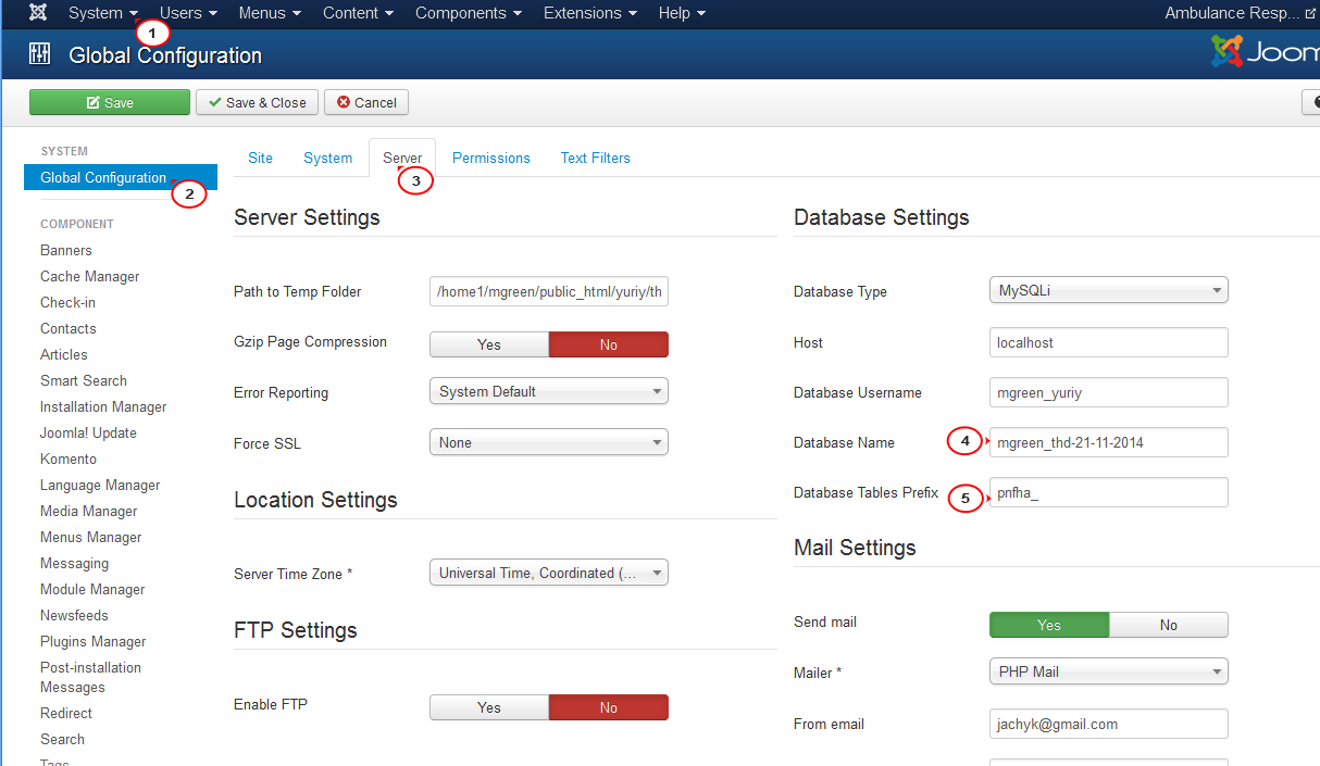 Global Configuration panel showing database name and prefix