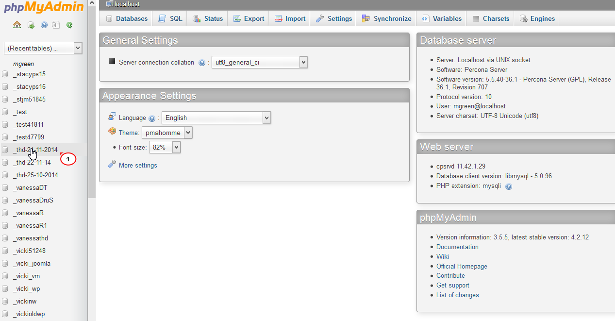 phpMyAdmin interface showing database selection for Joomla