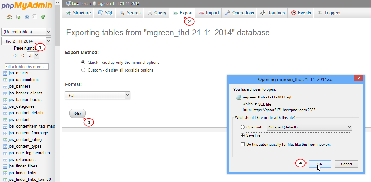 phpMyAdmin export settings for database backup