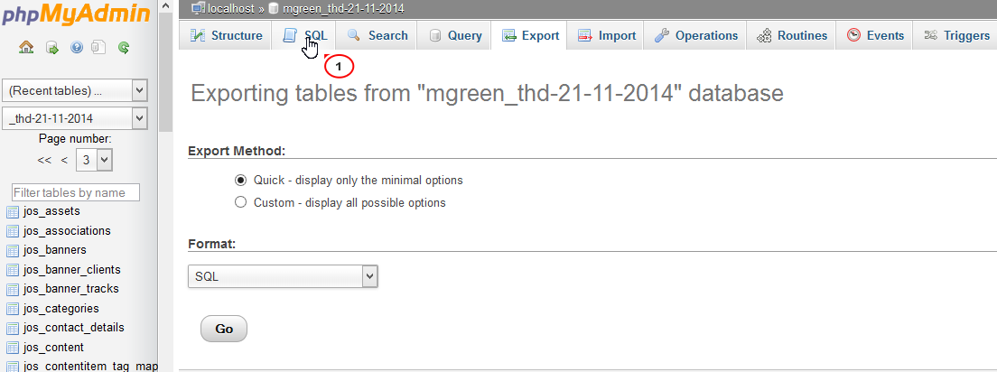 SQL tab in phpMyAdmin for running queries