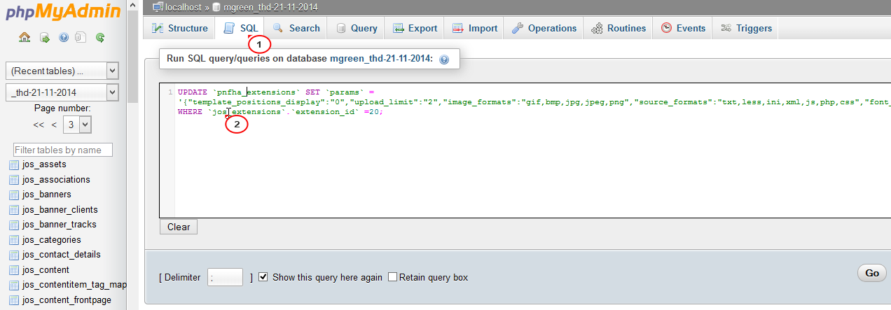 Executing the SQL query to update Joomla database