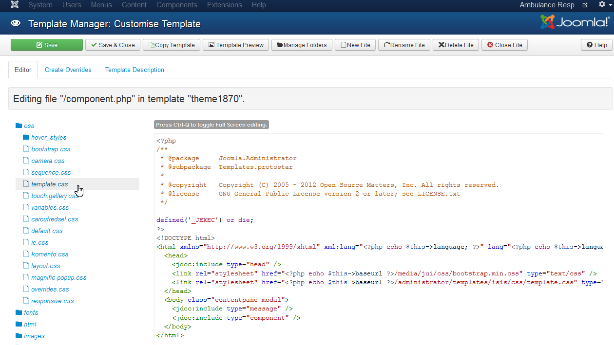 Updated Template Manager showing editable CSS files